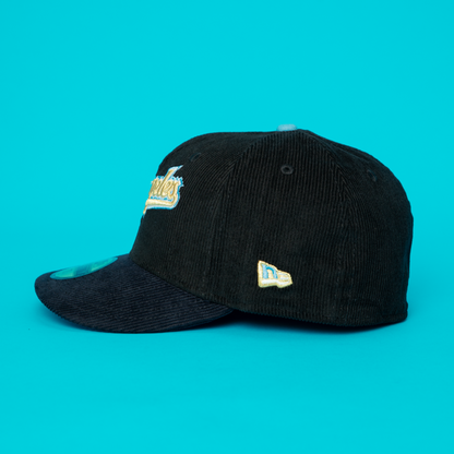 NEW ERA EXCLUSIVE 59FIFTY BLACK/ NAVY CORDUROY LOS ANGELES DODGERS SCRIPT W/ DDOGER STADIUM SIDE PATCH