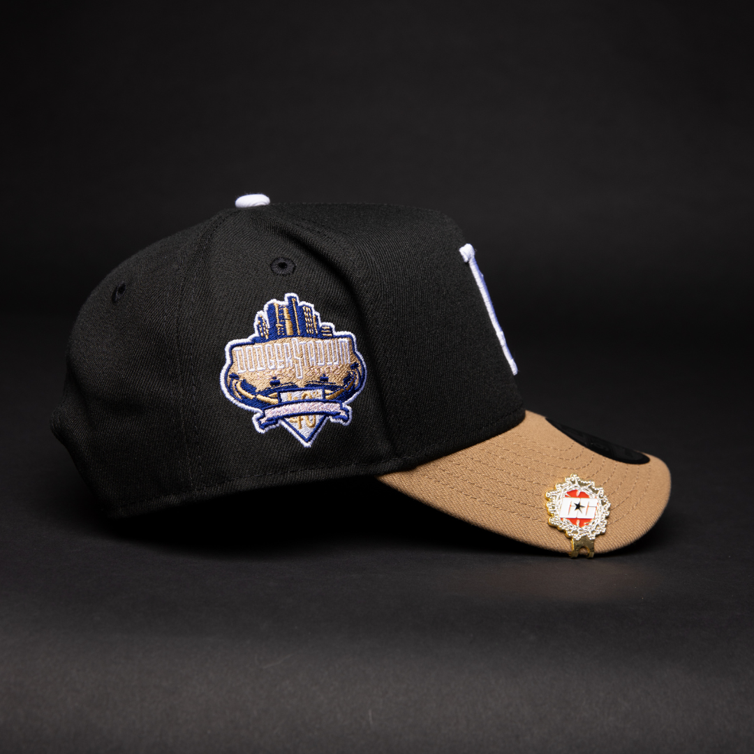 NEW ERA 9FIFTY A-FRAME BLACK/ BEIGE LOS ANGELS DODGERS SNAPBACK W/ PINK HEART + 40TH ANNIVERSARY SIDE PATCH