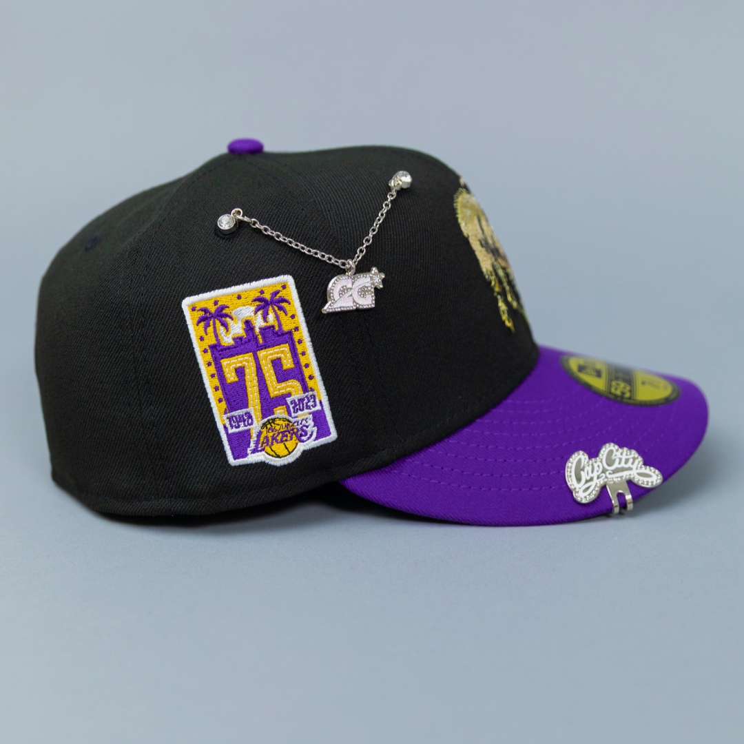 NEW ERA EXCLUSIVE 59FIFTY BLACK/ PURPLE LOS ANGELES LAKERS "GOAT" W/ 75TH ANNIVERSARY SIDE PATCH
