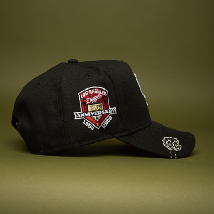 NEW ERA 9FIFTY A-FRAME BLACK LOS ANGELES DODGERS SNAPBACK W/ RED HEART + 50TH ANNIVERSARY SIDE PATCH