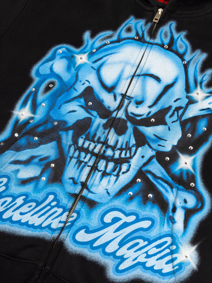 CAP CITY X SHORELINE MAFIA BLACK/BLUE AIR BRUSH ZIP UP HOODIE W/ RHINESTONES - UNISEX
