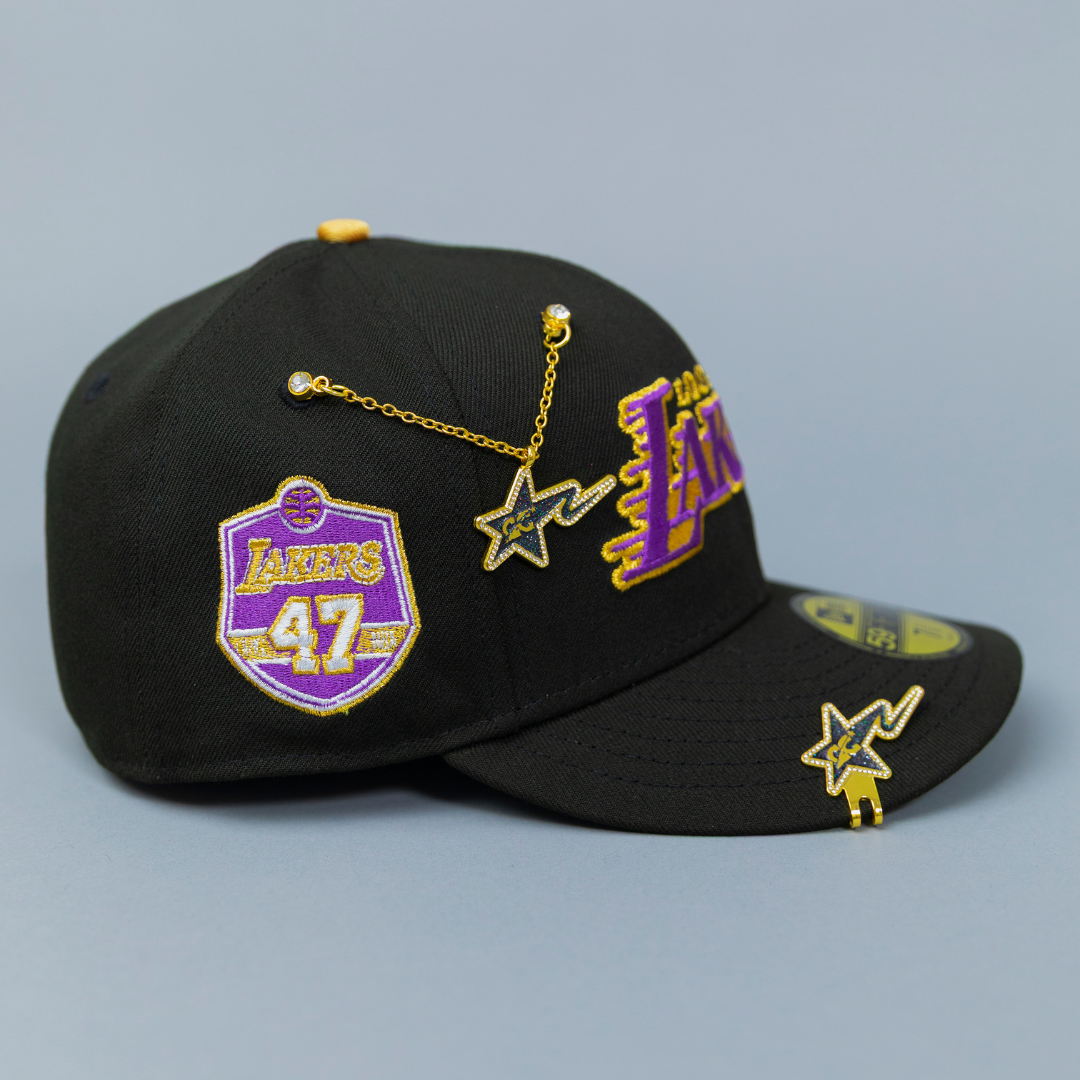 NEW ERA EXCLUSIVE 59FIFTY BLACK LOS ANGELES LAKERS SCRIPT W/ 17X CHAMPIONS SIDE PATCH
