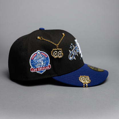 NEW ERA EXCLUSIVE 59FIFTY BLACK/BLUE LOS ANGELES DODGERS W/ EMBROIDERY + 60TH ANNIVERSARY SIDE PATCH