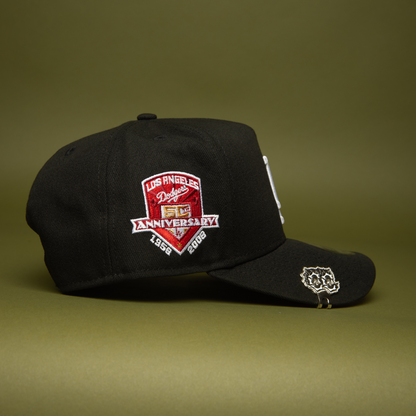 NEW ERA 9FIFTY A-FRAME BLACK LOS ANGELES DODGERS SNAPBACK W/ PALM TREES + 50TH ANNIVERSARY SIDE PATCH