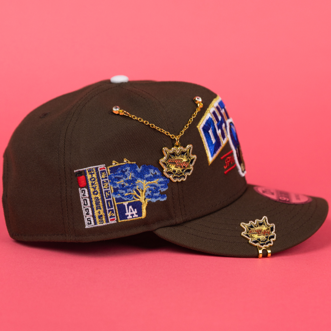 NEW ERA EXCLUSIVE 9FIFTY BROWN LOS ANGELES DODGERS SNAPBACK W/ SHOHEI OHTANI SCRIPT + JAPANESE BLUE BLOSSOM SIDE PATCH