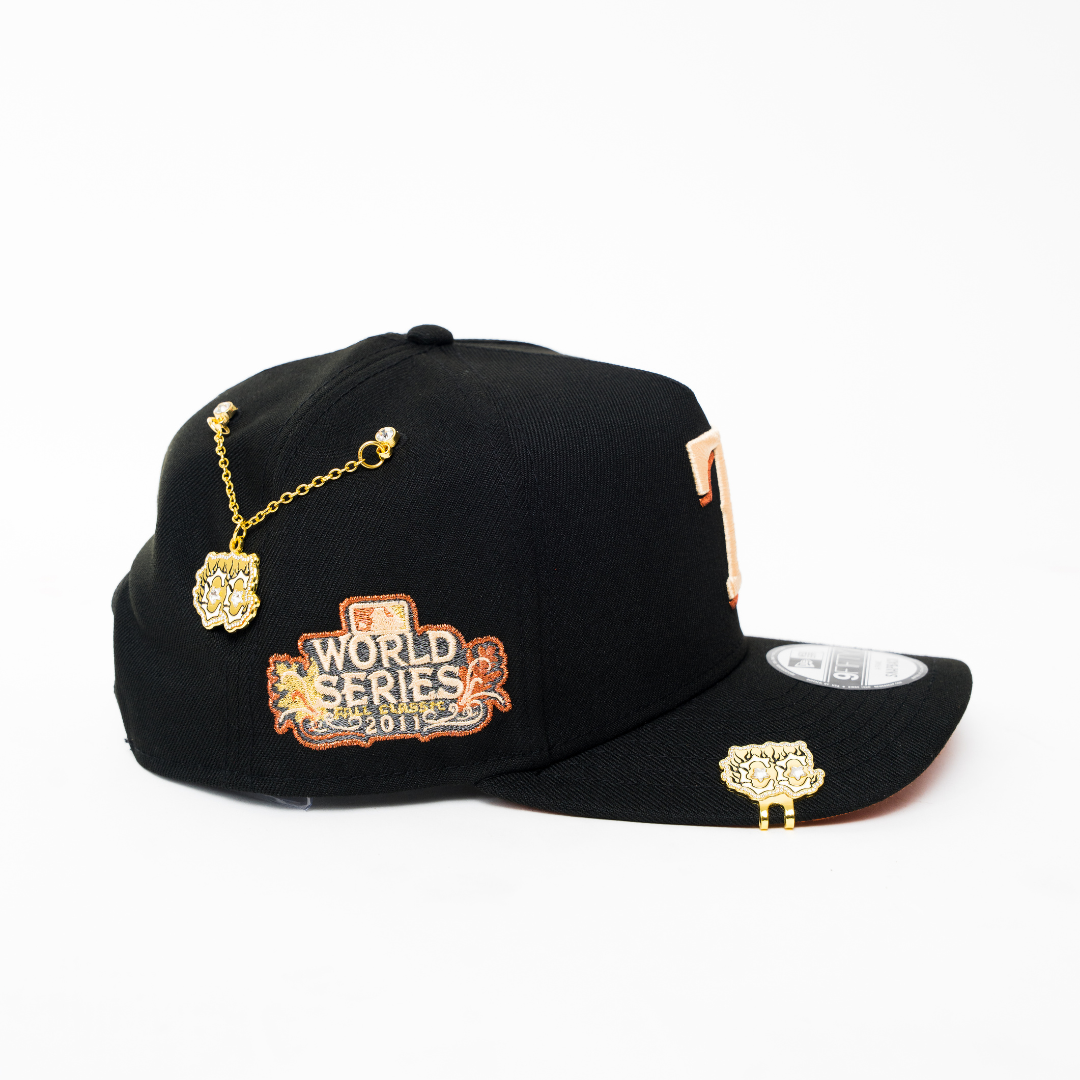 NEW ERA 9FIFTY A-FRAME BLACK TEXAS RANGERS SNAPBACK W/ WORLD SERIES SIDE PATCH