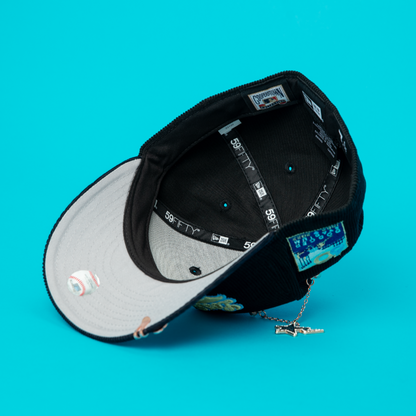 NEW ERA EXCLUSIVE 59FIFTY BLACK/ NAVY CORDUROY LOS ANGELES DODGERS SCRIPT W/ DDOGER STADIUM SIDE PATCH