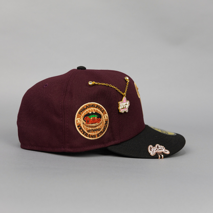NEW ERA EXCLUSIVE 59FIFTY BURGUNDY/ BLACK PHILADELPHIA PHILLIES W/ HOME OF THE PHILLIES SIDE PATCH