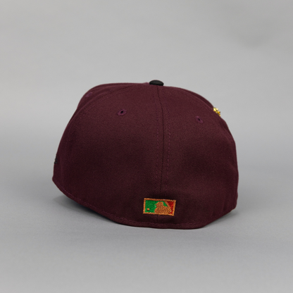 NEW ERA EXCLUSIVE 59FIFTY BURGUNDY/ BLACK PHILADELPHIA PHILLIES W/ HOME OF THE PHILLIES SIDE PATCH