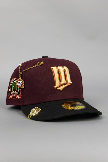 NEW ERA EXCLUSIVE 59FIFTY BURGUNDY/ BLACK MINNESOTA TWINS W/ 60TH ANNIVERSARY SIDE PATCH
