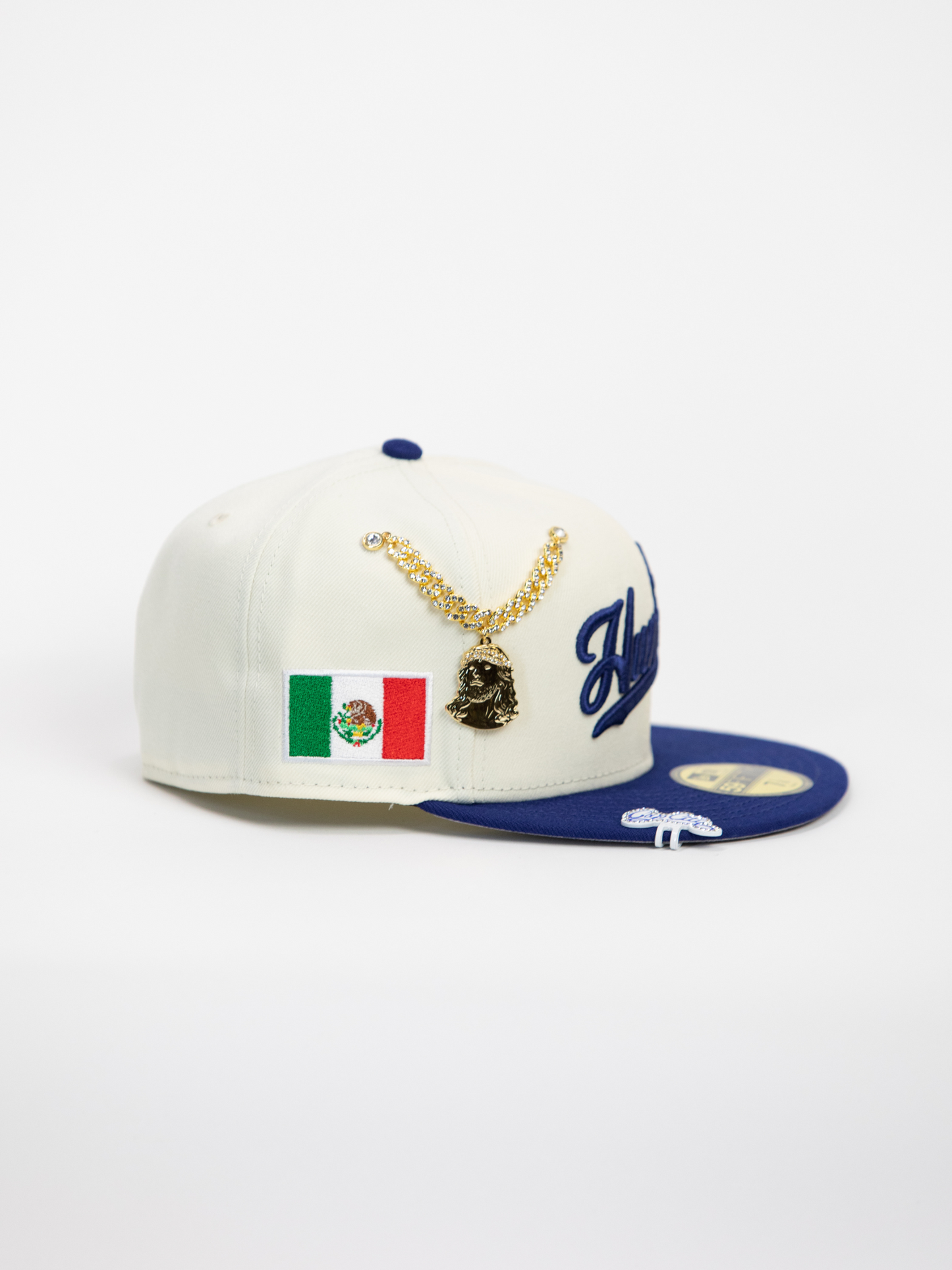 NEW* "RANCHO HUMILDE x NEW ERA x CAP CITY" WHITE/BLUE 59FIFTY FITTED W/ MEXICAN FLAG & GREY UV *FREE ACCESSORY INCLUDED