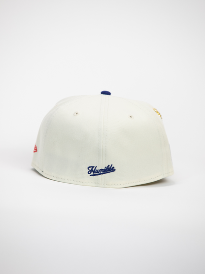NEW* "RANCHO HUMILDE x NEW ERA x CAP CITY" WHITE/BLUE 59FIFTY FITTED W/ MEXICAN FLAG & GREY UV *FREE ACCESSORY INCLUDED