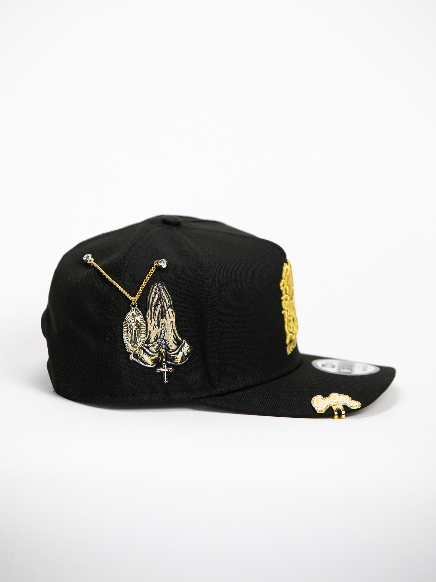 NEW* "RANCHO HUMILDE x NEW ERA x CAP CITY" BLACK 9FIFTY A-FRAME W/ PRAYING HANDS & GREY UV *FREE ACCESSORY INCLUDED