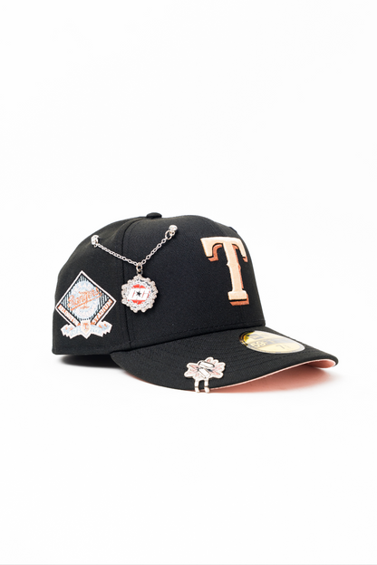 NEW ERA EXCLUSIVE 59FIFTY BLACK TEXAS RANGERS W/ ARLINGTON STADIUM SIDE PATCH