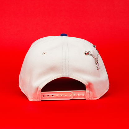 NEW ERA 9FIFTY A-FRAME CHROME/ BLUE LOS ANGELES DODGERS SNAPBACK W/ BLUE HEART + 50TH ANNIVERSARY SIDE PATCH