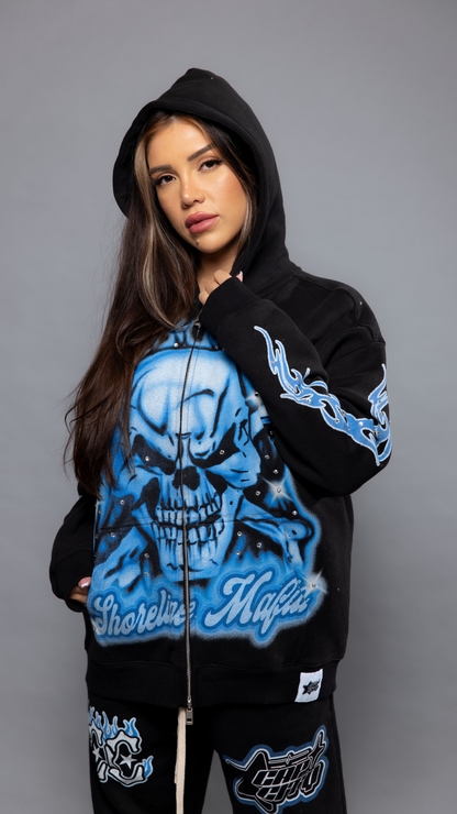 CAP CITY X SHORELINE MAFIA BLACK/BLUE AIR BRUSH ZIP UP HOODIE W/ RHINESTONES - UNISEX