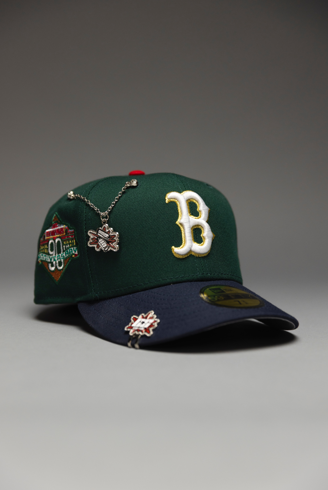 NEW ERA EXCLUSIVE 59FIFTY FOREST GREEN/NAVY BOSTON RED SOX W/ 90TH ANNIVERSARY SIDE PATCH