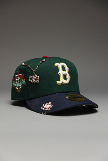 NEW ERA EXCLUSIVE 59FIFTY FOREST GREEN/NAVY BOSTON RED SOX W/ 90TH ANNIVERSARY SIDE PATCH