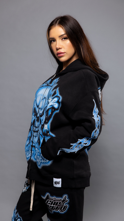 CAP CITY X SHORELINE MAFIA BLACK/BLUE AIR BRUSH ZIP UP HOODIE W/ RHINESTONES - UNISEX