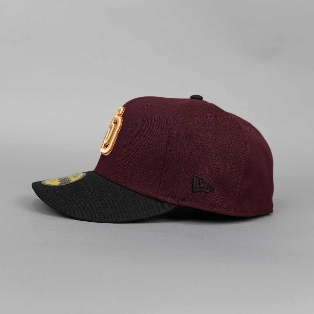 NEW ERA EXCLUSIVE 59FIFTY BURGUNDY/ BLACK SAN DIEGO PADRES W/ 20TH ANNIVERSARY SIDE PATCH