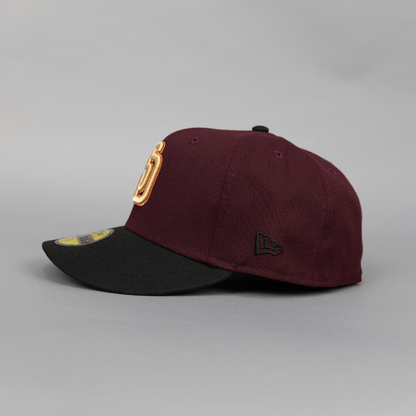 NEW ERA EXCLUSIVE 59FIFTY BURGUNDY/ BLACK SAN DIEGO PADRES W/ 20TH ANNIVERSARY SIDE PATCH
