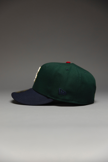 NEW ERA EXCLUSIVE 59FIFTY FOREST GREEN/NAVY BOSTON RED SOX W/ 90TH ANNIVERSARY SIDE PATCH