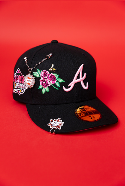 NEW ERA EXCLUSIVE 59FIFTY BLACK ATLANTA BRAVES W/ PINK ROSES + 1999 WORLD SERIES SIDE PATCH