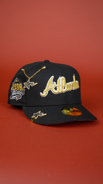 NEW ERA 59FIFTY BLACK ATLANTA BRAVES SCRIPT W/ 1999 WORLD SERIES SIDE PATCH