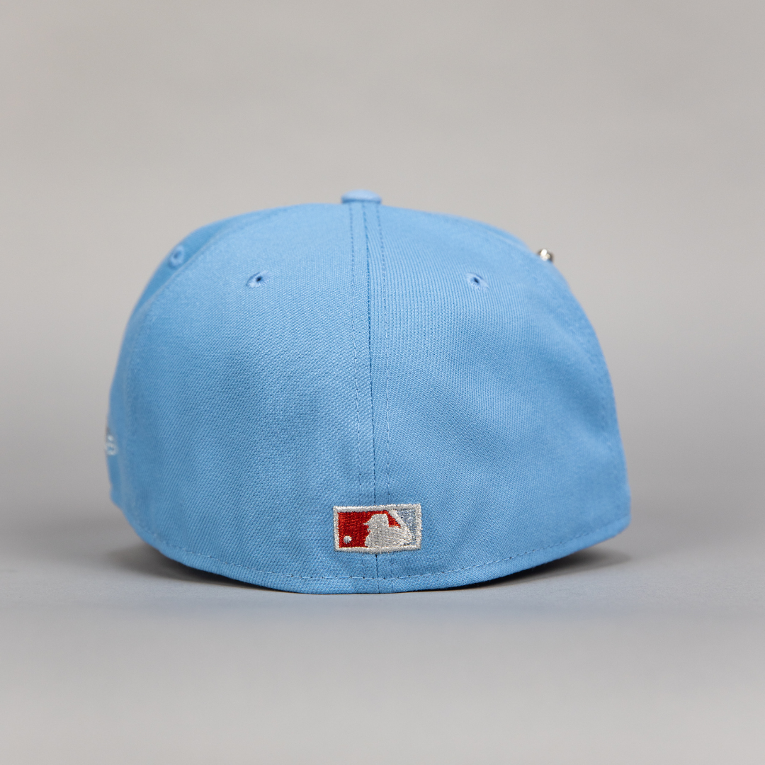 NEW ERA EXCLUSIVE 59FIFTY ICY BLUE LOS ANGELES DODGERS W/ BLOOMING ROSES + 40TH ANNIVERSARY SIDE PATCH