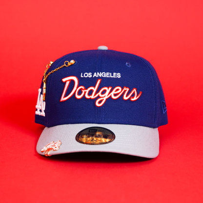 NEW ERA EXCLUSIVE 59FIFTY BLUE/ GREY LOS ANGELES DODGERS SCRIPT W/ LA LOGO SIDE PATCH