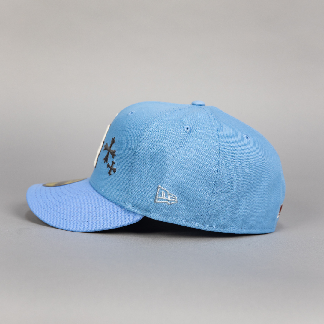 NEW ERA EXCLUSIVE 59FIFTY ICY BLUE LOS ANGELES DODGERS W/ BLOOMING ROSES + 40TH ANNIVERSARY SIDE PATCH