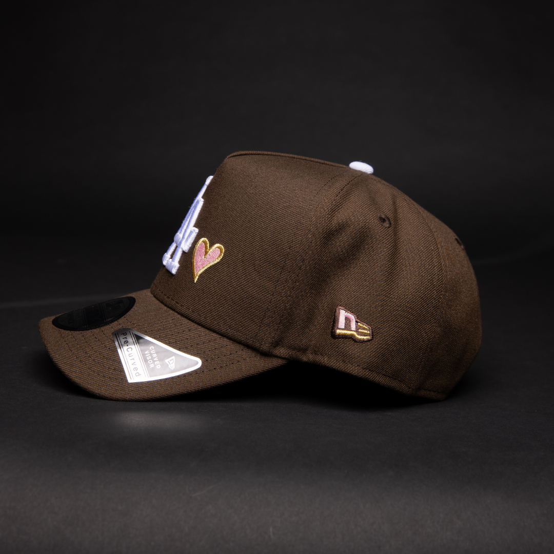 NEW ERA 9FIFTY A-FRAME BROWN LOS ANGELES DODGERS SNAPBACK W/ PINK HEART + 50TH ANNIVERSARY SIDE PATCH