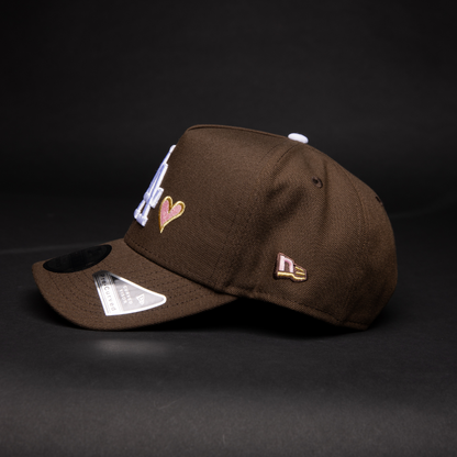 NEW ERA 9FIFTY A-FRAME BROWN LOS ANGELES DODGERS SNAPBACK W/ PINK HEART + 50TH ANNIVERSARY SIDE PATCH
