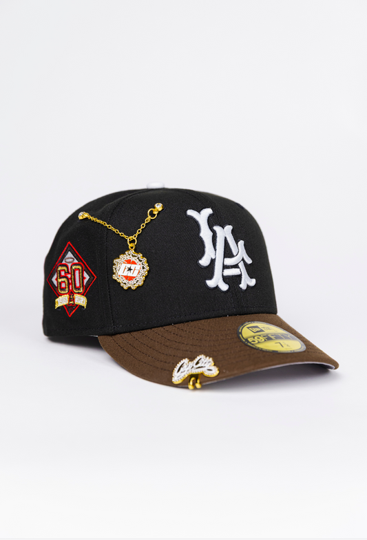 NEW ERA EXCLUSIVE 59FIFTY BLACK/ BROWN LOS ANGELES ANGELS W/ 60TH ANNIVERSARY SIDE PATCH