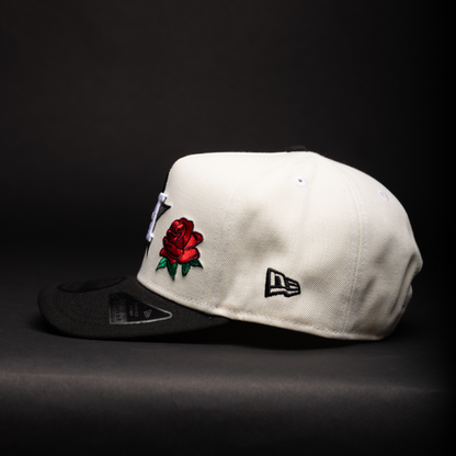 NEW ERA 9FIFTY A-FRAME CHROME/BLACK HOUSTON ASTROS SNAPBACK W/ RED ROSE + "35 GREAT YEARS" SIDE PATCH