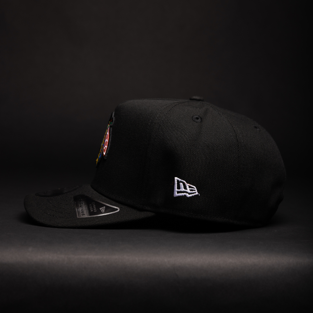 NEW ERA 9FIFTY A-FRAME BLACK CHICAGO BLACKHAWKS SNAPBACK W /CHICAGO STADIUM SIDE PATCH