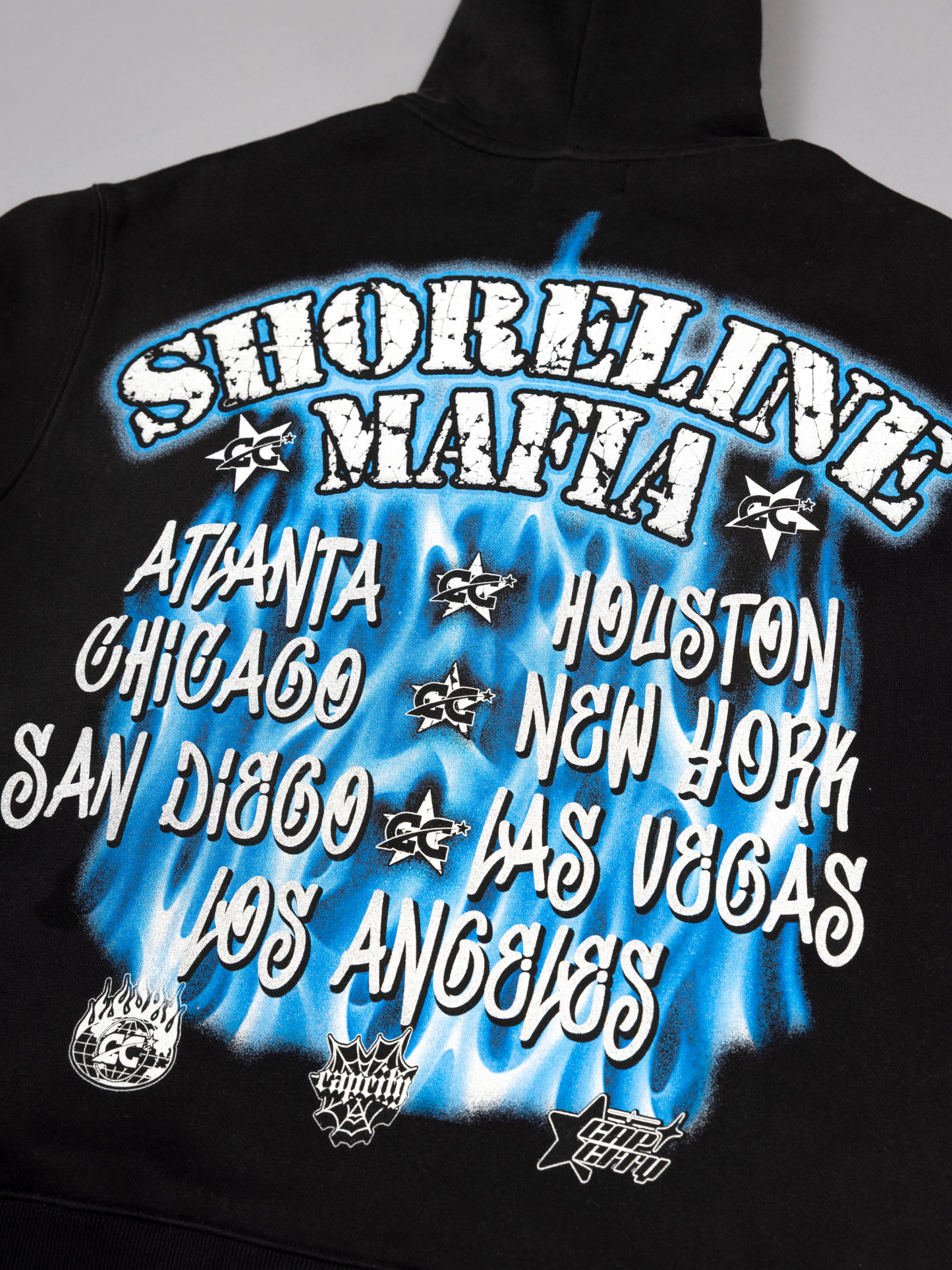 CAP CITY X SHORELINE MAFIA BLACK/BLUE AIR BRUSH ZIP UP HOODIE W/ RHINESTONES - UNISEX