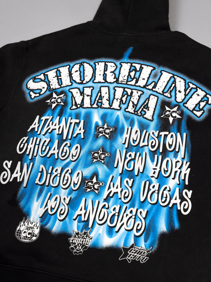 CAP CITY X SHORELINE MAFIA BLACK/BLUE AIR BRUSH ZIP UP HOODIE W/ RHINESTONES - UNISEX
