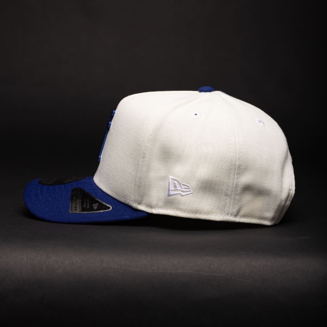NEW ERA 9FIFTY A-FRAME CHROME/BLUE UPSIDE DOWN LOS ANGELES DODGERS SNAPBACK W/ 60TH ANNIVERSARY SIDE PATCH