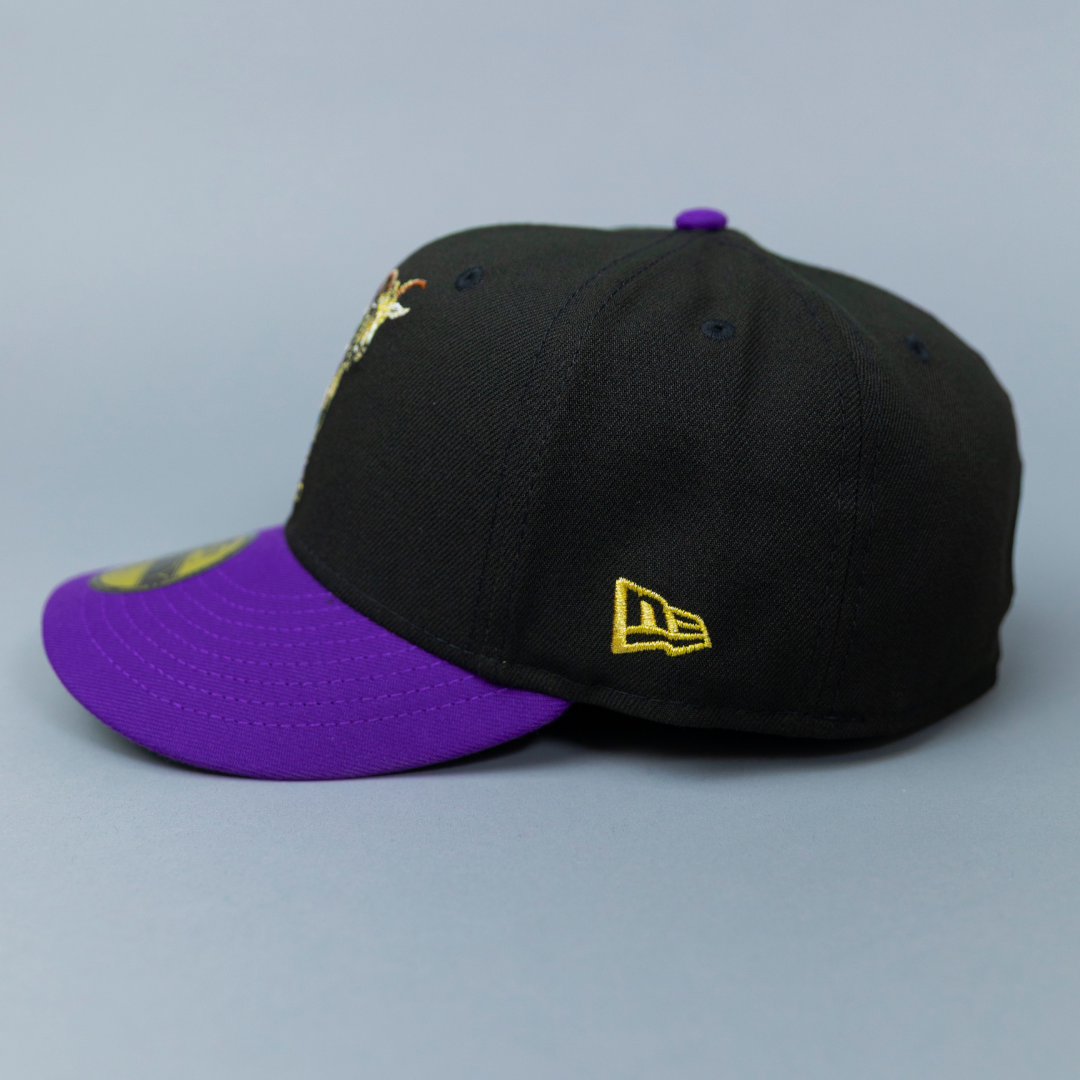 NEW ERA EXCLUSIVE 59FIFTY BLACK/ PURPLE LOS ANGELES LAKERS "GOAT" W/ 75TH ANNIVERSARY SIDE PATCH