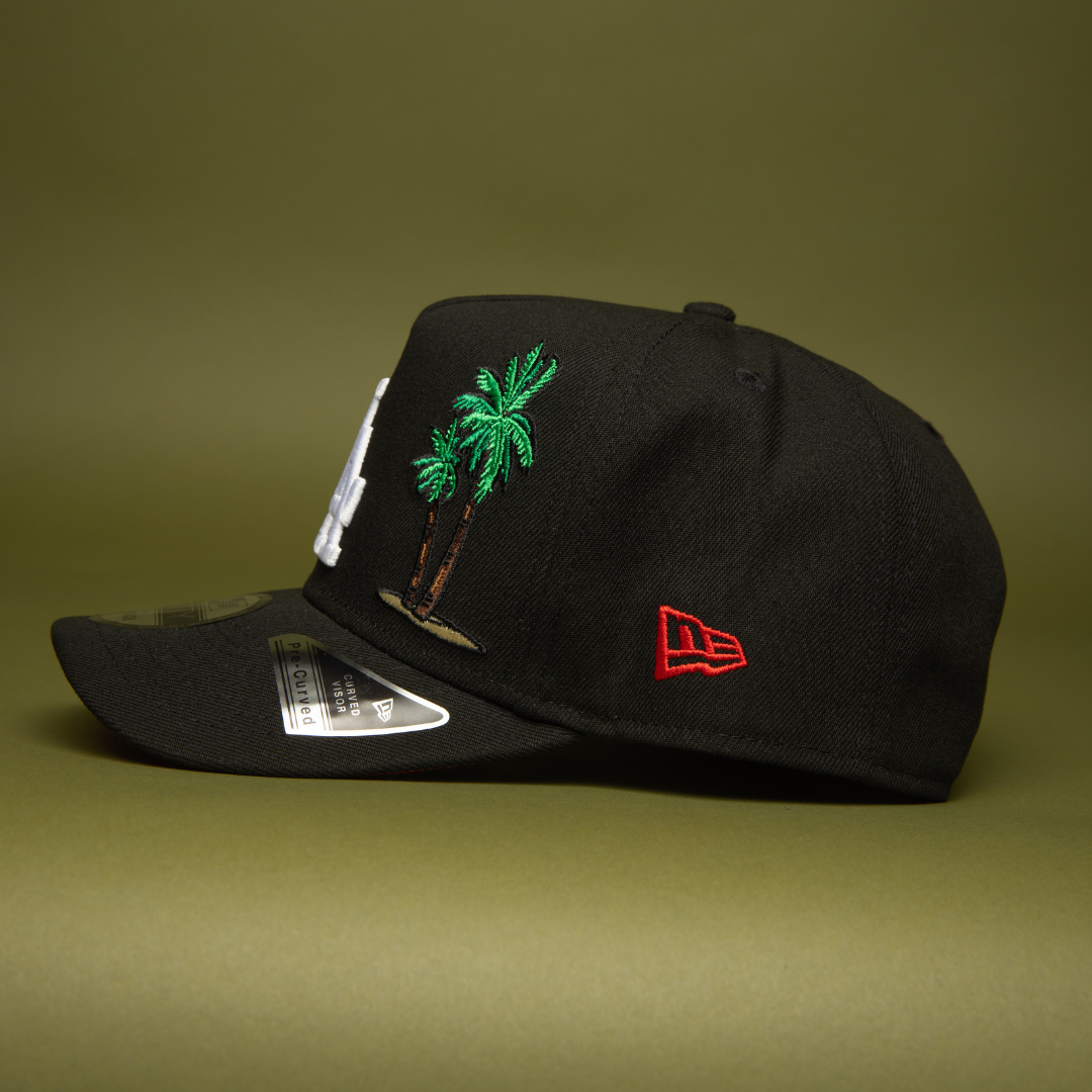 NEW ERA 9FIFTY A-FRAME BLACK LOS ANGELES DODGERS SNAPBACK W/ PALM TREES + 50TH ANNIVERSARY SIDE PATCH