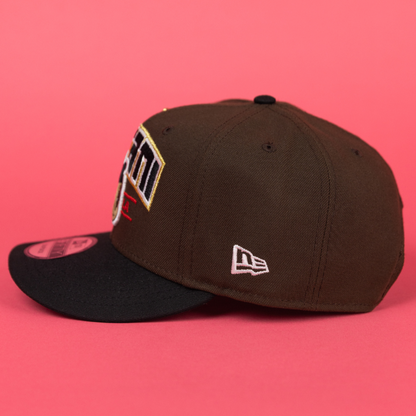 NEW ERA EXCLUSIVE 9FIFTY BROWN/ BLACK LOS ANGELES DODGERS SNAPBACK W/ SHOHEI OHTANI SCRIPT + 50-50 CLUB SIDE PATCH