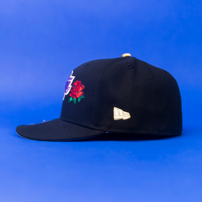 NEW ERA EXCLUSIVE 59FIFTY BLACK LOS ANGELES LAKERS W/ ROSE + 75TH ANNIVERSARY SIDE PATCH