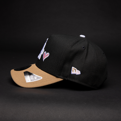 NEW ERA 9FIFTY A-FRAME BLACK/ BEIGE LOS ANGELS DODGERS SNAPBACK W/ PINK HEART + 40TH ANNIVERSARY SIDE PATCH