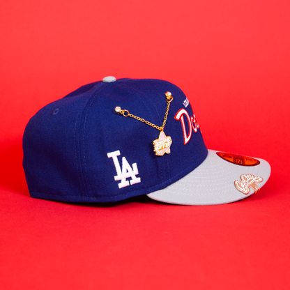 NEW ERA EXCLUSIVE 59FIFTY BLUE/ GREY LOS ANGELES DODGERS SCRIPT W/ LA LOGO SIDE PATCH