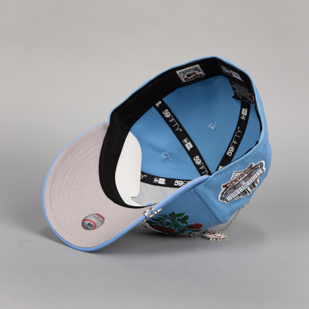 NEW ERA EXCLUSIVE 59FIFTY ICY BLUE LOS ANGELES DODGERS W/ BLOOMING ROSES + 40TH ANNIVERSARY SIDE PATCH