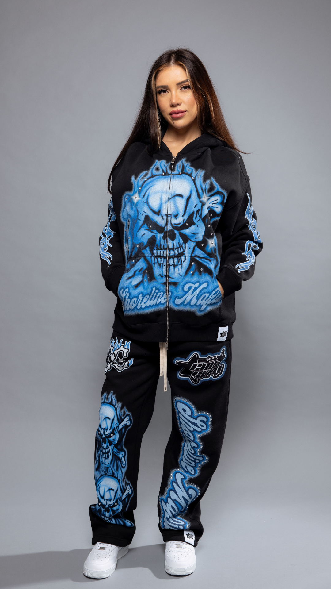 CAP CITY X SHORELINE MAFIA BLACK/BLUE AIR BRUSH PANTS W/ RHINESTONES - UNISEX