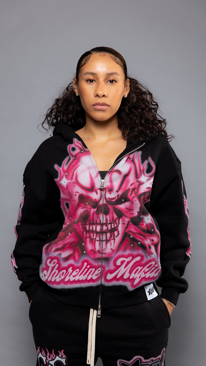 CAP CITY X SHORELINE MAFIA BLACK/PINK AIR BRUSH ZIP UP HOODIE W/ RHINESTONES - UNISEX