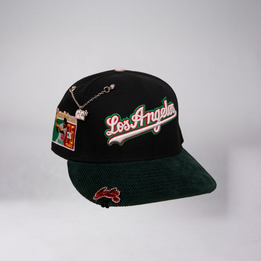 NEW ERA EXCLUSIVE 59FIFTY BLACK/ GREEN CORDUROY LOS ANGELES DODGERS SCRIPT W/ "JACKIE ROBINSON" SIDE PATCH