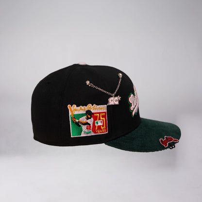 NEW ERA EXCLUSIVE 59FIFTY BLACK/ GREEN CORDUROY LOS ANGELES DODGERS SCRIPT W/ "JACKIE ROBINSON" SIDE PATCH